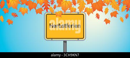 autumn holiday sign on sky background with fallen leaves vector illustration Stock Vector