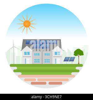House with Solar Panels and Wind Turbines in the Green City. Sustainable energy for Environment. Vector Illustration. Stock Vector