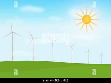 Windmill farm, Wind turbines generating electricity on a green meadow. Stock Vector