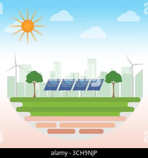Green City Environment with Solar Panels and Wind Turbines. Environmentally friendly City. Sustainable energy for Environment. Vector Illustration. Stock Vector