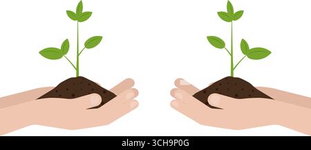 Hands holding Green Sprout. Planting tree. Growing Plant. Eco Friendly and Green Energy Concept. Stock Vector