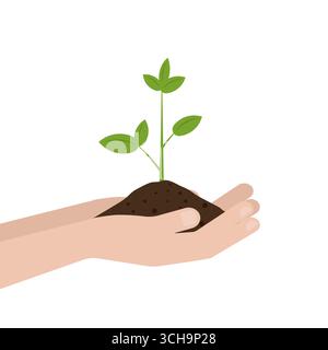 Hands holding Green Sprout. Planting tree. Growing Plant. Eco Friendly and Green Energy Concept. Stock Vector