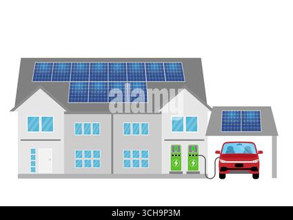 House with Solar Panels and Electric Car. Alternative and Renewable energy sources. Green energy electricity concept element. Stock Vector