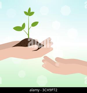 Hands holding Green Sprout. Planting tree. Growing Plant. Eco Friendly and Green Energy Concept. Stock Vector