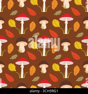 Autumn seamless pattern with mushrooms and leaves. Forest background with various mushrooms in the grass and falling leaves. Fall print for textiles Stock Vector