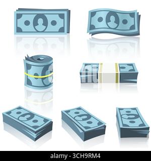 Vector illustration set of blue banknotes in stacks, rolls, wavy folds, and bundles with rubber bands on a white background for finance themes Stock Vector