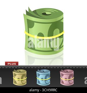 Vector illustration of a green bundle of money and three colorful (yellow, blue, red) banknote bundles on a black background for financial concepts Stock Vector