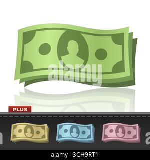 Vector illustration of a green bundle of money and three colorful (yellow, blue, red) banknote bundles on a black background for financial concepts Stock Vector