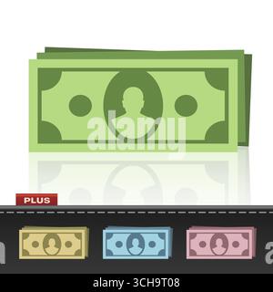 Vector illustration of a green bundle of money and three colorful (yellow, blue, red) banknote bundles on a black background for financial concepts Stock Vector