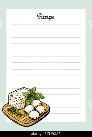 Blank vector recipe card with hand-drawn Mediterranean cheese, basil, mozzarella and herbs. Ideal for culinary branding and print. Stock Vector