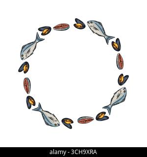 Hand drawn wreath made of Mediterranean fish, mussels and steaks. Ideal for seafood packaging, labels, and culinary design. Stock Vector
