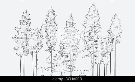 Architectural Drawings, Minimal style cad tree line drawing, Side view, Black and white tree sketch illustration showing a forest landscape with detai Stock Vector