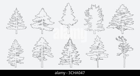 Artistic black and white tree sketch showing a forest landscape with detailed outlines and natural textures Stock Vector