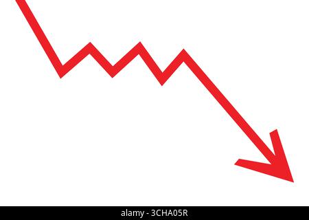 Downward arrow chart symbolizing decline, loss, decrease, or business financial crisis, down trend red zigzag arrow chart graph representing loss Stock Vector