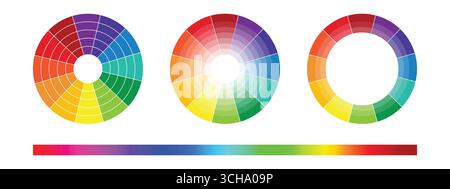 colour wheel guide.  Isolated floral patterns and colour scheme.  CMYK and RGB hues. Set of different color circles. Infographic element round shape Stock Vector