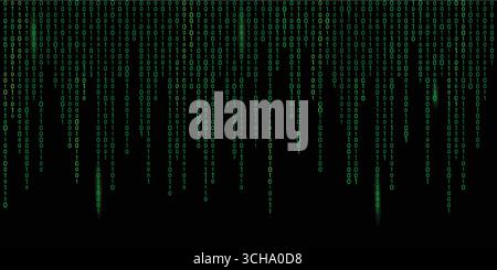 Green matrix digital binary code streams on black background, hacker style. Digital binary code wallpaper with streaming 0s and 1s in a futuristic sty Stock Vector