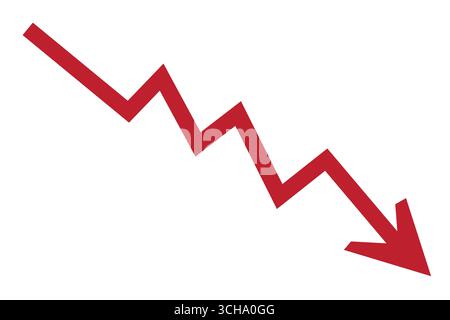 Downward arrow chart symbolizing decline, loss, decrease, or business financial crisis, down trend red zigzag arrow chart graph representing loss Stock Vector