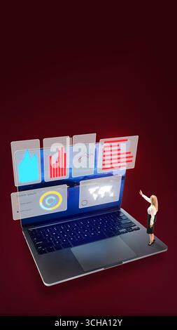 Bold colorful poster. Businesswoman presenting laptop with holographic analytics charts on red background Stock Photo