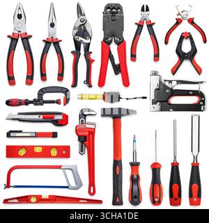 A neatly arranged collection of essential hand tools featuring red and black designs, ideal for maintenance, repair, construction, and crafting tasks. Stock Photo