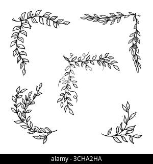 Twigs black and white sketch, simple drawing. Vector illustration. Floral botanical corner, set of silhouette frames isolated on white background. For Stock Vector