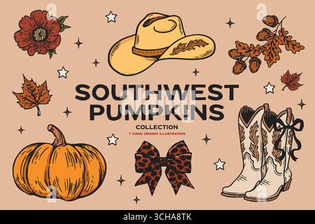 Hand Drawn Southwest Pumpkins and Western Fall Collection Stock Vector