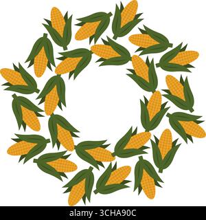 Corn head with green leaves Circular Frame border Copy space Template Kwanzaa or Harvesting design. Isolated Vector illustration Autumn Holiday Themed Cards sample Party invite Banner, leaflets, price Stock Vector