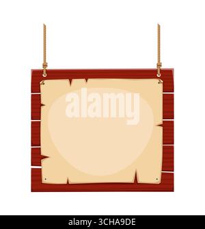 Wooden hanging signboard with rope and nailed parchment. Caribbean icon for pirates or corsairs adventure or western games. Cartoon vector user interface element for menus, quests, options or notices Stock Vector