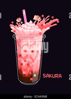 Cartoon sakura milk bubble tea drink glass with splash. Takeout bubble tea beverage vector cup, fast food smoothie cup. Street cafe boba drink with sakura bloom flower, pink milk splash and straw Stock Vector