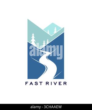 Fast river water road path and mountains icon. Travel agency hiking tour or nature park vector emblem. Company icon or brand symbol with mountain peaks, river or road in valley, spruce trees on hills Stock Vector