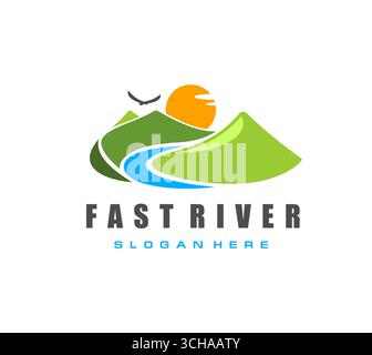 Fast river, road path in high mountains icon. Travel agency company vector sign, brand icon. Nature or hiking park emblem, symbol with eagle flying above mountain peaks, river in valley and sun Stock Vector