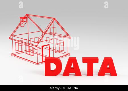 Luxury red inscription data on grey podium, soft light, front view smooth background, 3d rendering Stock Photo