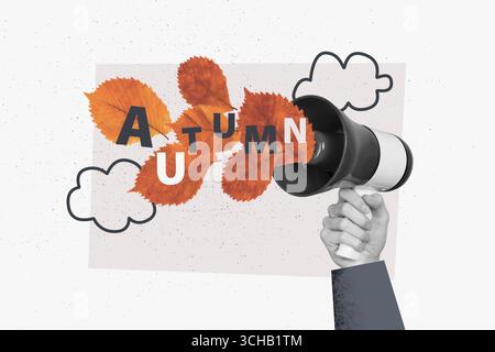 Sketch image composite 3D collage of hand hold loudspeaker proclaim talk attention speech autumn banner leaves foliage november season Stock Photo