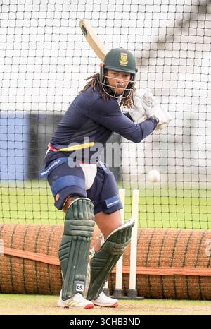 South Africa's Tony de Zorzi plays a shot that is caught by India's ...