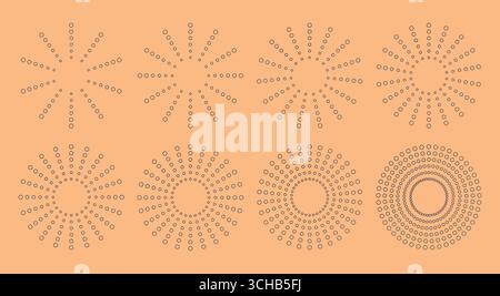 Retro gold simple round sun, sunburst, shine, firework, bursting shapes. Line abstract radial badges for logotype, frame collection. Stock Vector