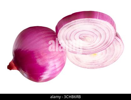Single fresh unpeeled red or purple Spanish onion bulb with two onion slices in circles in stack is isolated on white background with clipping path. Stock Photo