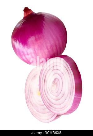 Single fresh unpeeled red or purple Spanish onion bulb with two onion slices in circles in stack is isolated on white background with clipping path. Stock Photo