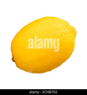 Side view of single fresh ripe yellow lemon fruit with water droplets is isolated on white background with clipping path. Stock Photo
