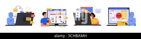 System bugs. QA software automation. Website error test or devops programming source. Security web report. Artificial intelligence robot at computer. Automated malware analysis. Vector concepts set Stock Vector