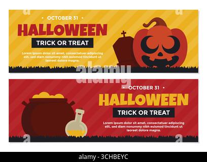 Minimalist Halloween horizontal banner bundles with pumpkin, cauldron, and gravestone perfect for seasonal events, promos, advertisement, and more. Stock Vector