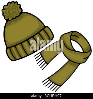 A vector illustration of a stylish olive green beanie with a fluffy pompom and a matching scarf, perfect for winter fashion designs. Stock Vector