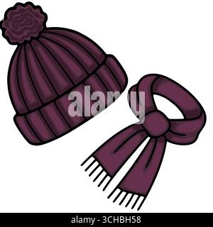 This vector illustration showcases a stylish maroon knitted beanie with a fluffy pompom and a matching scarf, meticulously detailed with textured line Stock Vector