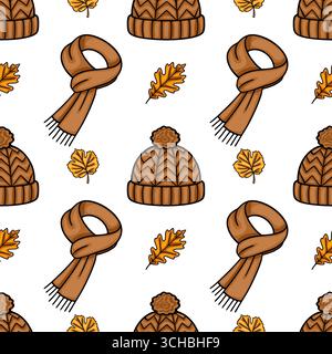 Seamless vector pattern featuring cozy brown knitted hats, warm scarves, and autumnal oak leaves, creating a charming autumnal design. Stock Vector
