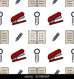 Seamless vector pattern of office supplies: red stapler, paperclip, pencil and notebook, illustrated in a simple cartoon style with bold outlines and Stock Vector