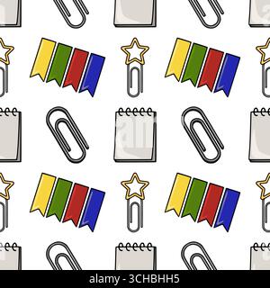 Seamless vector pattern featuring cheerful stationery items: paper clips, colorful flags, and spiral notebooks, ideal for kids projects or office-them Stock Vector