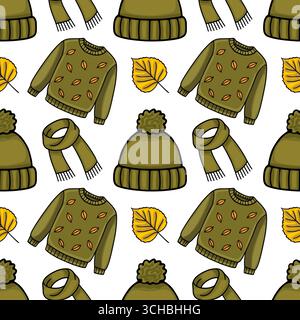 Seamless vector pattern featuring a charming autumnal design of olive green sweaters adorned with orange leaves, cozy knitted hats with pom-poms, and Stock Vector