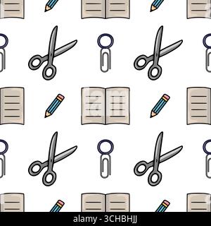Seamless vector pattern of cute hand-drawn stationery items: scissors, paper clips, pencils, and notebooks, ideal for kids projects or office supplies Stock Vector
