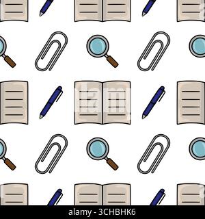 Seamless vector pattern of office supplies: a playful illustration featuring a repeating design of pens, paper clips, notebooks, and magnifying glasse Stock Vector