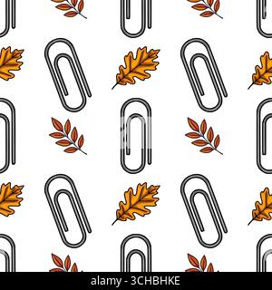 Seamless vector pattern featuring gray paperclips and autumn leaves in orange and red hues, creating a stylish office-themed design perfect for fall-t Stock Vector