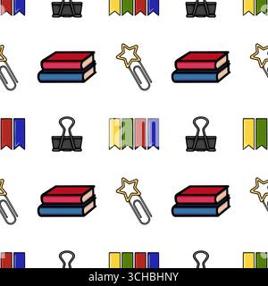 Seamless vector pattern featuring colorful bookmarks, binder clips, books, and star-shaped paper clips, ideal for stationery or educational designs. Stock Vector