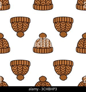 Seamless vector pattern of brown knitted winter hats with pom-poms, featuring a chevron stitch design, ideal for textile prints or winter-themed proje Stock Vector